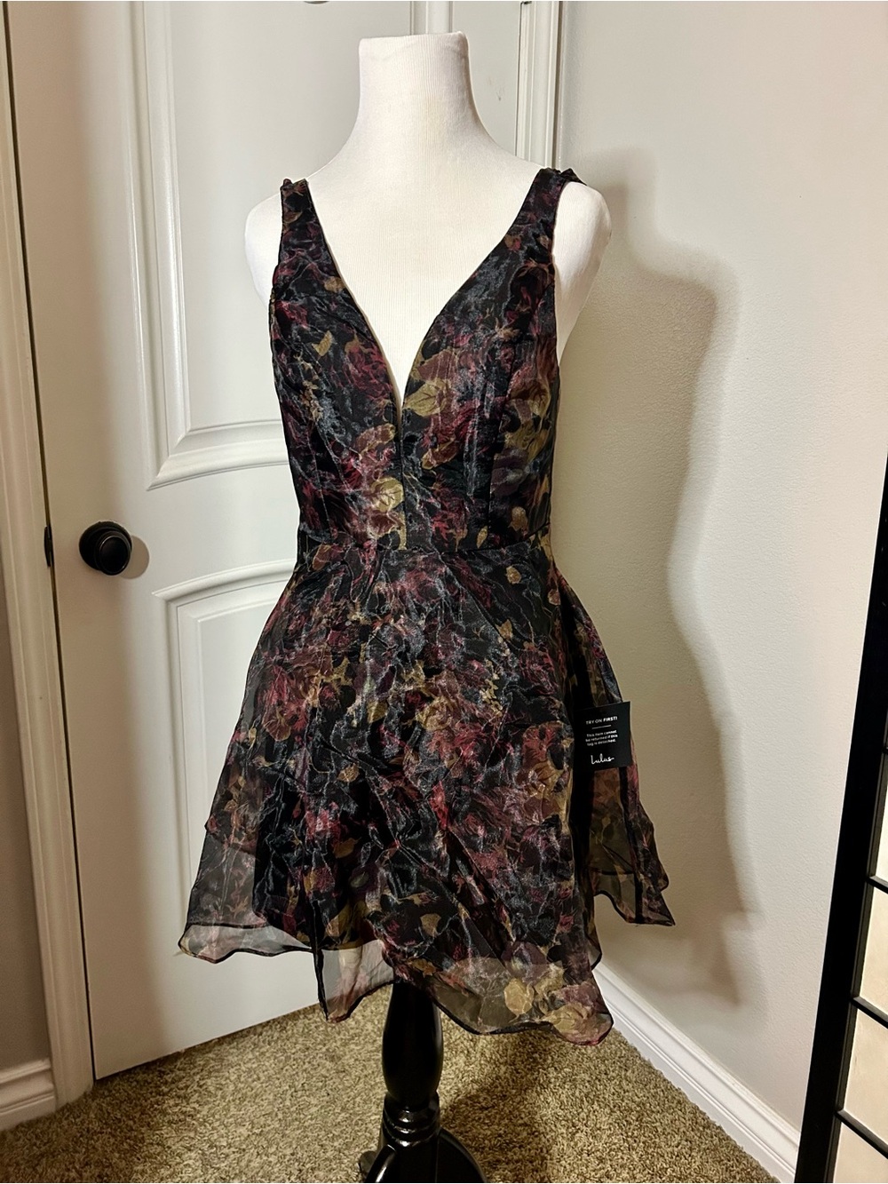 Lulu's Black Floral V-Neck Mini Dress with Multicolor Blooms